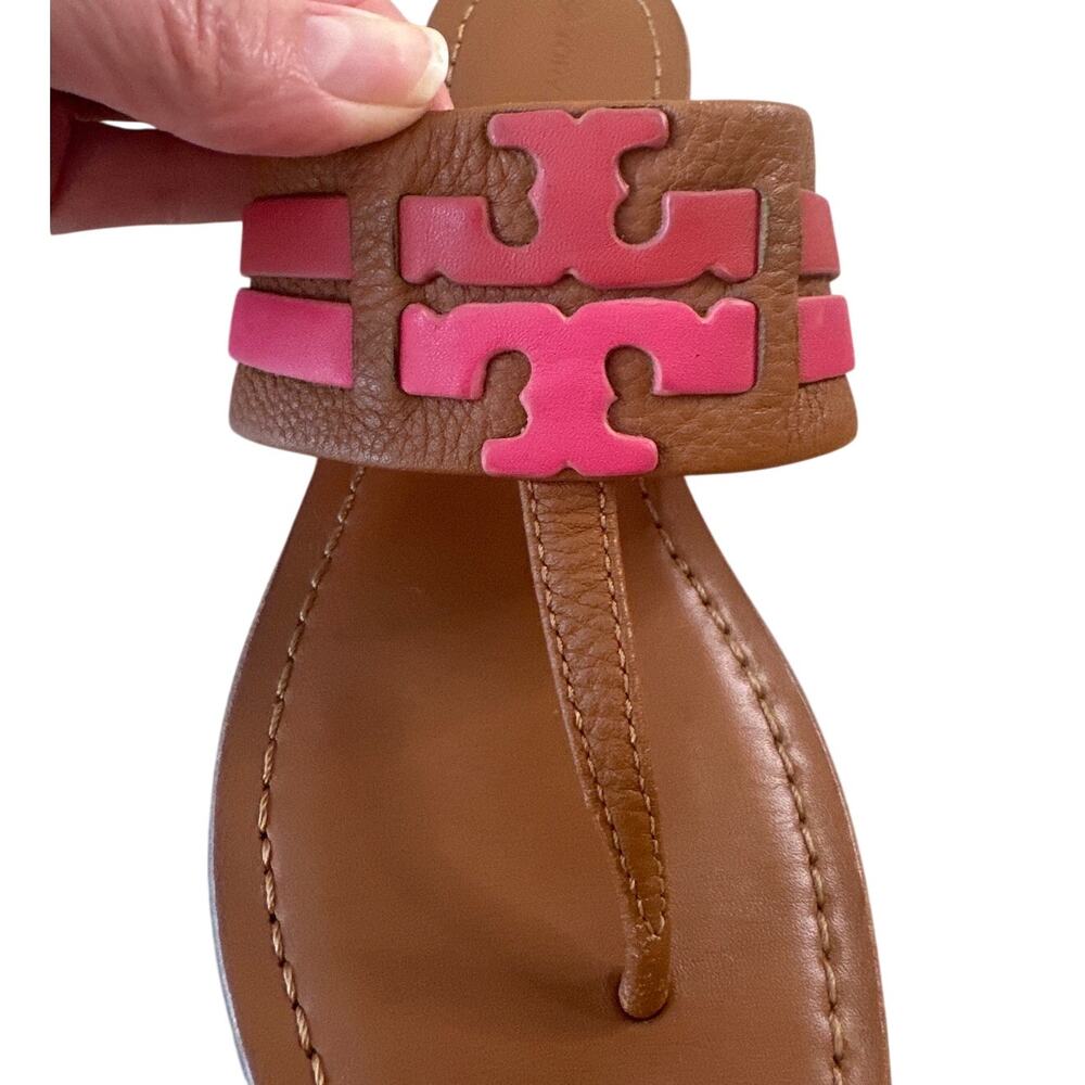 Tory Burch Leigh Thong Sandals Ambra Carnelian Azalea 9 Leather - Picture 11 of 12